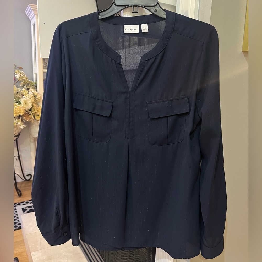 Kim Rogers Women’s Navy Blue Shimmer Striped Long Sleeve Blouse Shirt Top